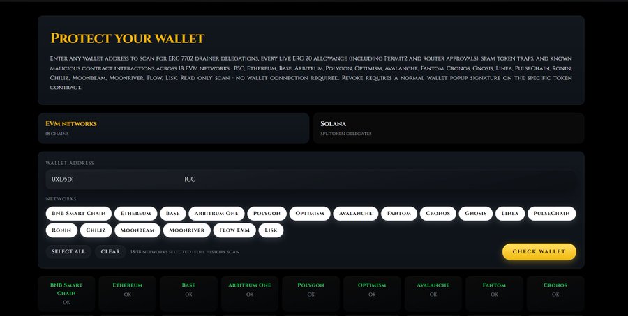 The image displays the "Protect Your Wallet" interface for $MEFAI, featuring a wallet scanner tool where users can input an address (shown as 0xDzDi) to scan across 18 EVM networks including BNB Smart Chain, Ethereum, Base, Arbitrum One, Polygon, Optimism, Avalanche, Fantom, and Cronos, plus Solana for SPL token delegates, with all networks showing "OK" status and a prominent yellow "Check Wallet" button.