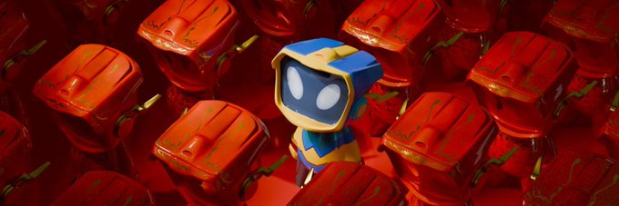A blue-hooded robot character stands among a sea of red robot figures, symbolizing Blokyz's claim that less than 20% of supply is reserved for partners via presale while over 70% remains accessible to everyone through a different mechanism. The contrasting blue figure surrounded by identical red ones visually reinforces the project's message of rarity and community-focused distribution.