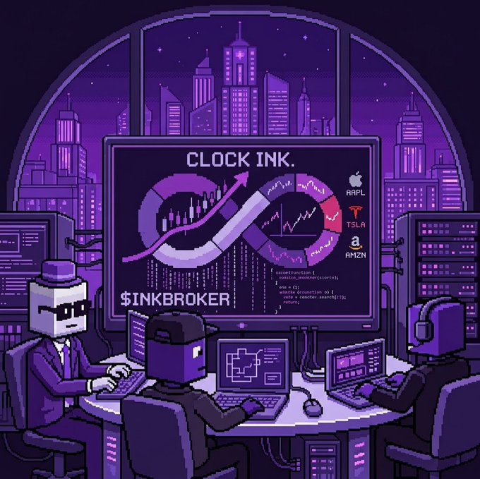 Pixel art depicting a trading scene with figures working at computers; a central monitor displays an infinity symbol overlaid on financial charts with the text 'CLOCK IN.', '$INKBROKER', and stock tickers AAPL, TSLA, AMZN.