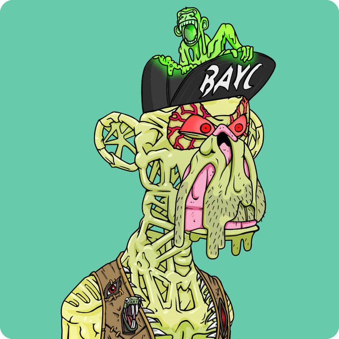 A green, skeletal, zombie-like Bored Ape with red bloodshot eyes and a smaller green zombie creature perched atop a black "BAYC" cap. The post "HMM" paired with this eerie, mutated NFT imagery suggests skepticism or surprise about the state of the Bored Ape Yacht Club collection or broader NFT market.
