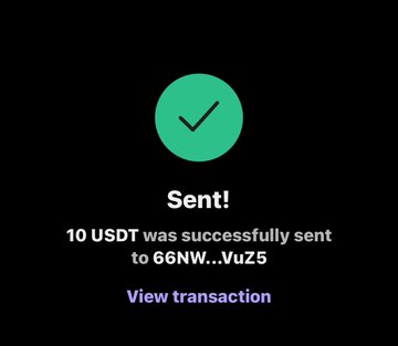 The image shows a green checkmark with a purple border that reads "SENT!" followed by a message congratulating the winners of an online poker game. The text indicates that 10 USDT was successfully sent to 66NNW... Vuz25, which is the winning amount for the players.