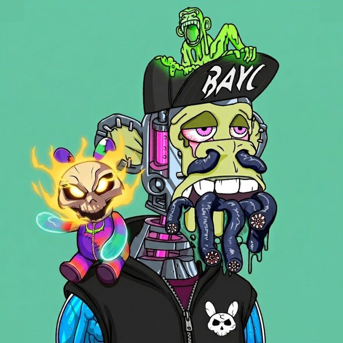 Stylized illustration of a Bored Ape (BAYC) mutant NFT character with green skin, dripping black tentacles in place of a mouth, a 'BAYC' cap, and a flaming skull companion.