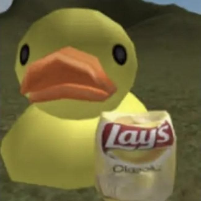A low-resolution image of a rubber duck next to a bag of Lay's Classic potato chips on a grassy field.