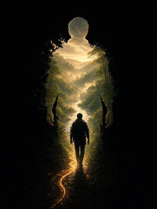 A silhouetted figure walks through a keyhole-shaped cave opening toward a glowing river valley landscape.