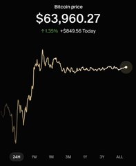 A Bitcoin price chart shows BTC trading at $63,960.27, up 1.35% (+$849.56) over 24 hours, with the overall trend clearly trending upward—contradicting the "Bitcoin is apparently dead" claim.