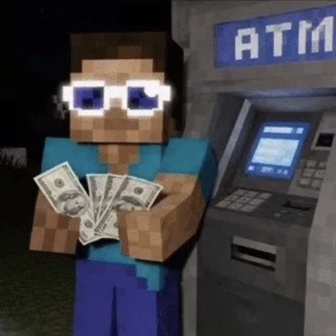 A pixelated Minecraft character known as "Herobrine," distinguished by his glowing white eyes, stands holding a fan of hundred-dollar bills while posing next to an ATM displaying "ATM" in white pixelated text, humorously illustrating the social media post's call to "get this money" by depicting a literal, money-grabbing stance at a cash machine.