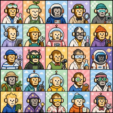 A grid of 25 pixel-art monkey characters styled as an NFT collection, featuring various outfits like astronauts, chefs, scientists, and samurai in colorful pastel tiles. The image visually represents the creator's 3,000 monkey NFT collection being used for a "Flap" token project, tying directly to the promotional post about Monkey Coin.