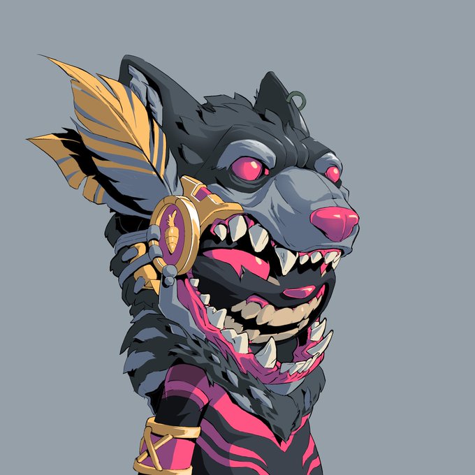 A stylized cartoon illustration depicts a snarling black wolf-like creature with glowing pink eyes, bared fangs, and ornate gold and pink armor accents against a gray background.