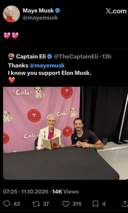 A screenshot from X.com shows a post by Maye Musk (@mayemusk) quoting Captain Eli (@TheCaptainEli) thanking her for supporting Elon Musk, featuring a photo of Maye Musk reading to a man in a 'Cali' branded setting, dated 11.10.2026.