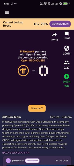The image shows a Pi Network mobile app screen displaying a "Current Lockup Boost" of 162.29%, with an announcement that "Pi Network partners with Open Standard, the company powering Open USD (OUSD)," accompanied by a tweet from @PiCoreTeam dated Oct 1st at 1:44am detailing the partnership. The interface shows various metrics including 100%, 2/27, and 0.034 π/h, along with a "MENINGKATKAN" (increase) button and navigation options for Invite and Chat.