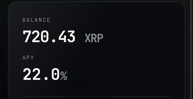 A dark-themed dashboard displays a balance of 720.43 XRP alongside a 22.0% APY rate, visually showcasing the yield earnings promoted in the post about Xora Finance's XRP staking opportunities. The interface reinforces the message by demonstrating real returns on deposited XRP holdings.