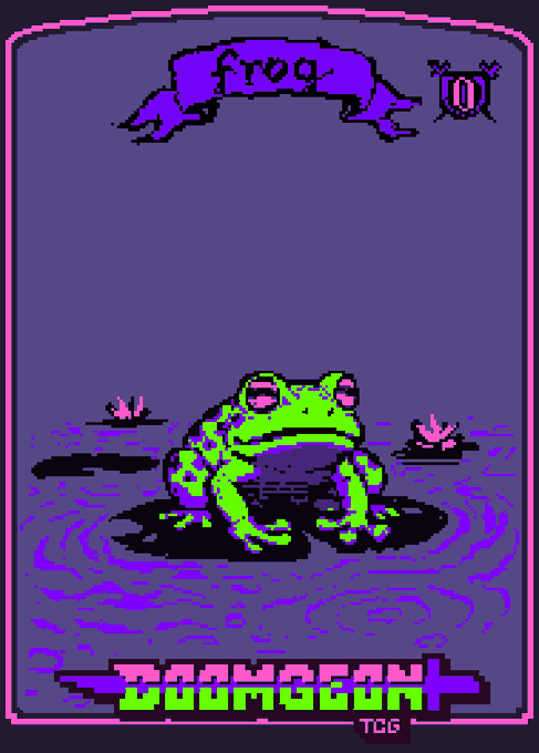 A pixel art illustration featuring a green frog sitting in a pond under a purple banner reading 'frog', with 'ZOO MOON TCG' text displayed at the bottom.