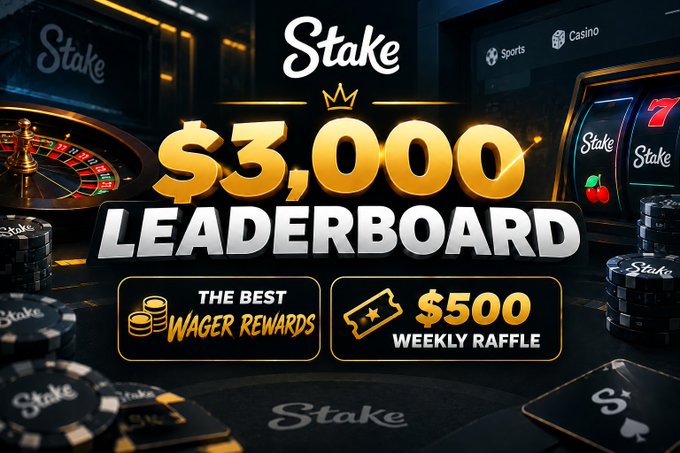 A promotional graphic for "Stake" advertising a "$3,000 LEADERBOARD" with "THE BEST WAGER REWARDS" and a "$500 WEEKLY RAFFLE," set against a casino background.