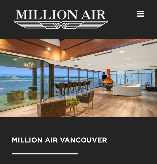 A promotional graphic for 'MILLION AIR VANCOUVER' displays their winged logo above a photo of a luxurious lounge featuring floor-to-ceiling windows overlooking an airfield.