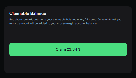 A dark-themed UI screen showing a 'Claimable Balance' section with a green button to 'Claim 23,34 $', with text explaining that fee share rewards accrue every 24 hours.