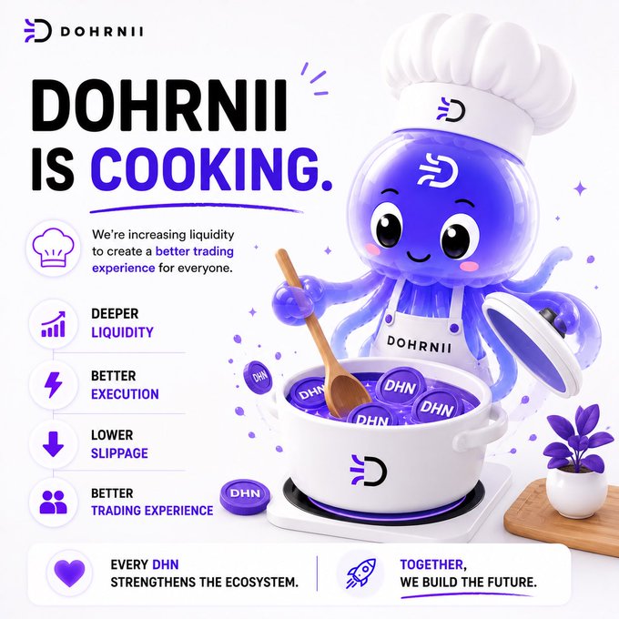A purple and white promotional graphic for 'DOHRNII' cryptocurrency featuring a cartoon octopus chef cooking 'DHN' tokens, advertising deeper liquidity, better execution, and lower slippage.