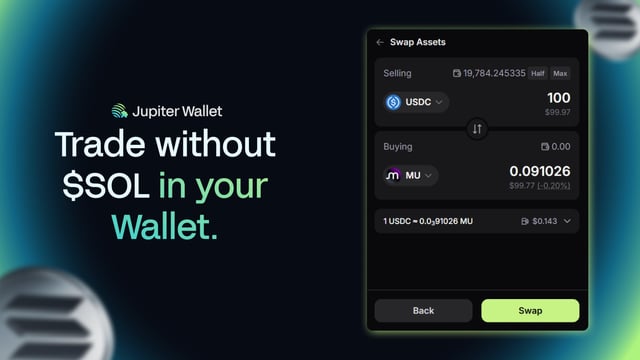 A promotional graphic for Jupiter Wallet features the tagline "Trade without $SOL in your Wallet" alongside a screenshot of the wallet's "Swap Assets" interface, showing a trade of 100 USDC for 0.091026 MU. This visually reinforces the post's announcement by demonstrating the wallet's new capability to execute token swaps without requiring SOL to cover gas fees.
