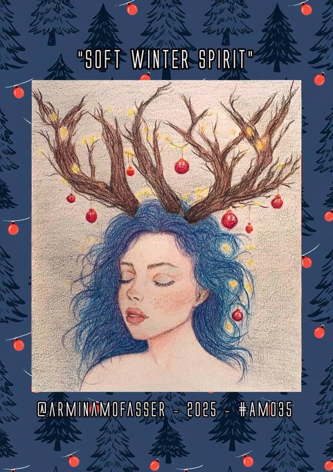 An artistic illustration titled 'SOFT WINTER SPIRIT' by @ARMINAMOFASSER (2025, #AM035), depicting a woman with flowing blue hair and antlers adorned with red ornaments, set against a background of dark blue Christmas trees.