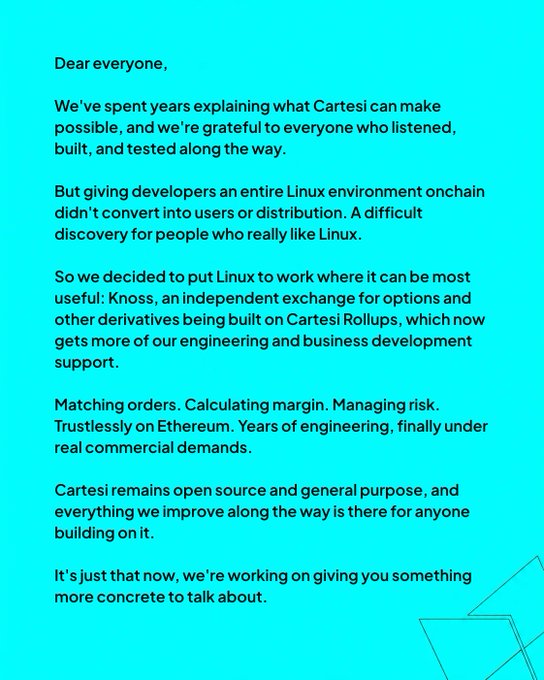 A statement on a cyan background addressing the community about shifting Linux engineering efforts to Knoss, an independent exchange for options and derivatives built on Cartesi Rollups, while keeping Cartesi open source.