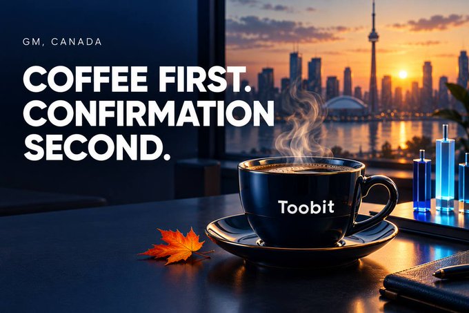 A digital advertisement featuring a steaming cup of coffee with the text 'GM, CANADA', 'COFFEE FIRST. CONFIRMATION SECOND.', and 'Toobit', displayed against a sunset city skyline.