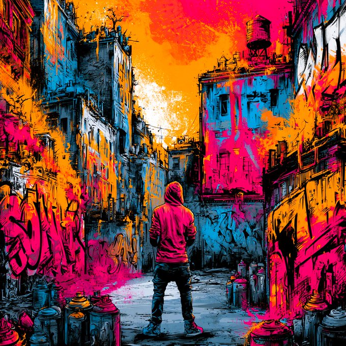 A vibrant, comic-style illustration of a hooded figure standing in a graffiti-covered urban alleyway, with a dramatic orange and pink sunset sky and spray paint cans scattered on the ground.