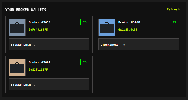 A dashboard displaying 'YOUR BROKER WALLETS' with three wallets (#3459, #3460, #3461) showing partial Ethereum addresses and STONKBROKER labels.