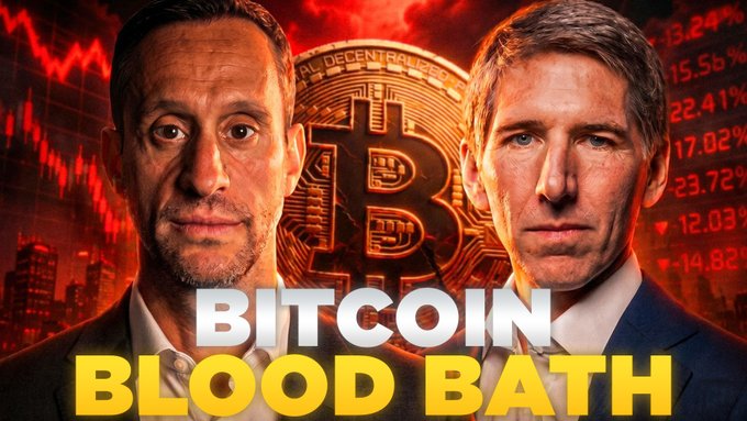 The image features two men wearing suits, with one man's face prominently displayed against a red background. The other man has his back turned towards the viewer. Below them, there is text that reads "BITCOIN BLOOD BATH" and "I will remain unapologetically optimistic about the prospects of a Bitcoin bottom."