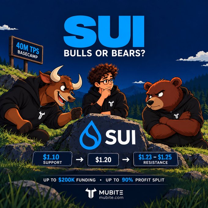 A promotional graphic for SUI cryptocurrency titled 'BULLS OR BEARS?' featuring cartoon bull and bear characters in hoodies flanking a person, with Mubite branding, $200K funding offer, and price levels showing $1.10 support and $1.23-$1.25 resistance.