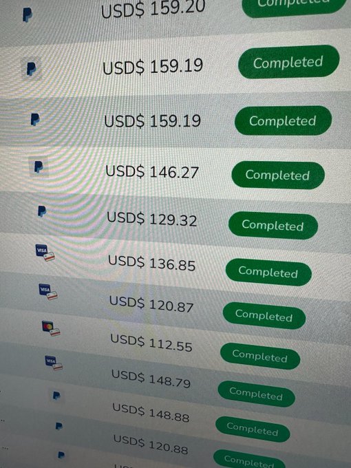 A screenshot of a PayPal/Visa transaction history showing multiple completed payments in USD, with amounts ranging from $112.55 to $159.20, supporting the post's claim of earning $6,721 using a phone and Claude in one month across multiple transactions.