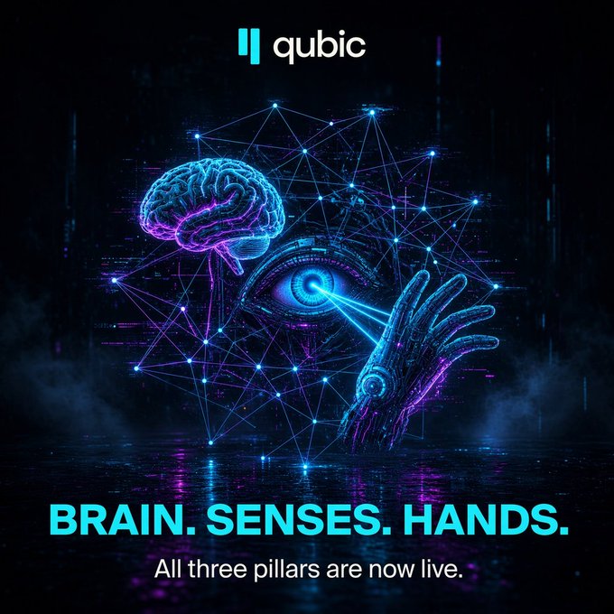 Promotional graphic for 'qubic' featuring a neon brain, eye, and hand with the tagline 'BRAIN. SENSES. HANDS. All three pillars are now live.'
