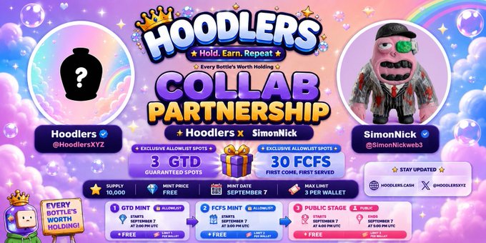 A promotional graphic for the 'HOODLERS x SimonNick' collaboration partnership, detailing a '3 GTD' whitelist spot and '30 FCFS' first-come-first-served event on September 7.