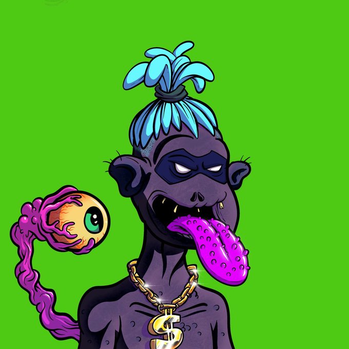 A cartoon crypto/NFT artwork of a purple zombie-like creature with blue hair, a gold chain with a dollar sign pendant, a protruding tongue, and a floating eyeball creature beside it against a green background.