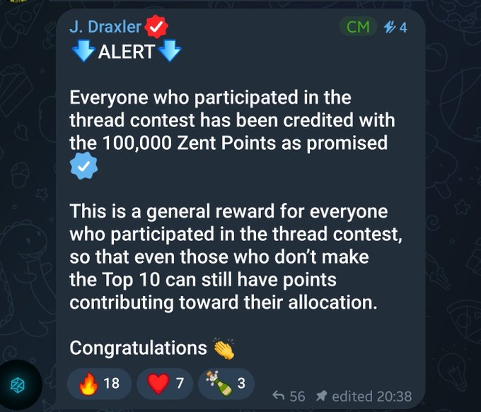 A Telegram message from J. Draxler announces that thread contest participants have been credited 100,000 Zent Points as a general reward.