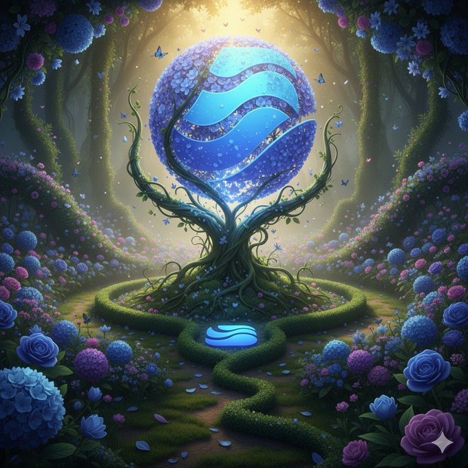 A mystical, enchanted forest scene centers on a glowing blue and purple tree whose roots spiral into a hedge-lined pathway, surrounded by vibrant roses and hydrangeas in shades of pink, blue, and purple, with butterflies fluttering around the luminous canopy. The ethereal imagery symbolizes nature's cyclical patterns and resilience, paralleling the post's observation of River's price decline from $1.70 to $1.20 as a dip amid a broader market recovery, suggesting a temporary low before potential regrowth, with a small water droplet icon embedded in the hedge echoing River's brand identity.