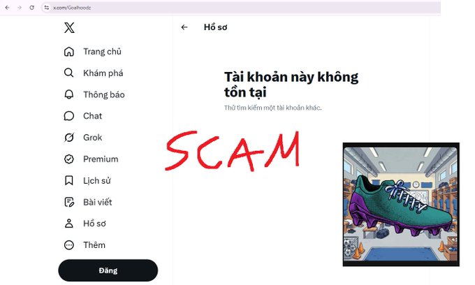 Screenshot of an X (formerly Twitter) account page showing 'Hồ sơ' (Profile) with the message 'Tài khoản này không tồn tại' (This account does not exist), overlaid with the red handwritten word 'SCAM' and an NFT image of a sneaker.