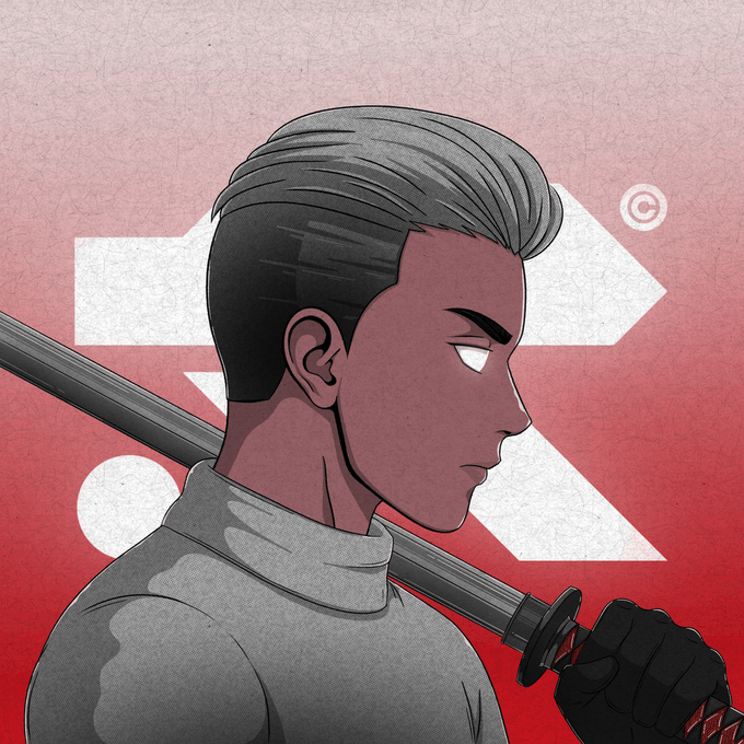 An illustrated side-profile portrait of a man with a styled haircut carrying a katana, set against a red background with white arrows.