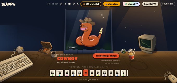 Screenshot of the SlippY website homepage featuring a cartoon worm character dressed as a cowboy on 'MON 21 SEP', with a calendar and various retro-themed UI elements.