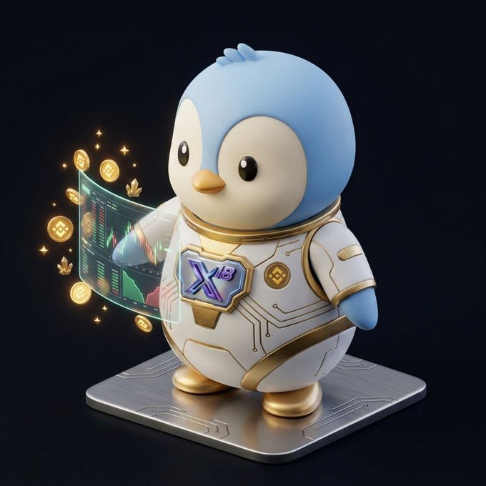 A cute, futuristic penguin figurine in white and gold armor stands on a metallic platform, interacting with a glowing holographic display showing a candlestick chart and floating crypto coins. The chest plate displays "X18," directly matching the $X18 ecosystem mentioned in the post, visually symbolizing the platform's blend of AI, DeFi, and trading technology.