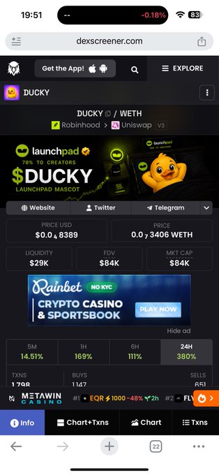A mobile screenshot of dexscreener.com showing cryptocurrency data for the DUCKY token on the WETH pair, displaying a price of $0.0₈889, liquidity of $29K, and FDV of $84K.