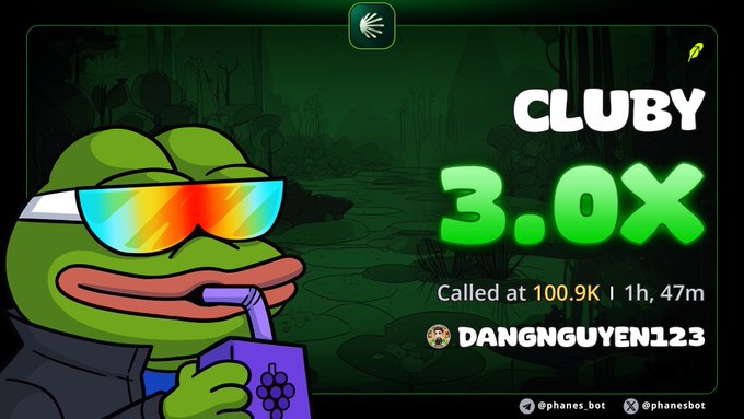 A promotional graphic features a cartoon Pepe the Frog wearing rainbow sunglasses and holding a drink, advertising 'CLUBY 3.0X' called at 100.9K with the username 'DANGNGUYEN123' and handles '@phanes_bot'.