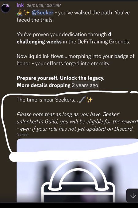 A Discord message from 'Ink' congratulating '@Seeker' for completing 4 challenging weeks in the DeFi Training Grounds, mentioning liquid ink morphing into a badge of honor and a reward, with a circled note about eligibility.