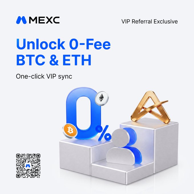 A MEXC cryptocurrency exchange advertisement promoting 'Unlock 0-Fee BTC & ETH' with a VIP Referral Exclusive offer and a QR code.