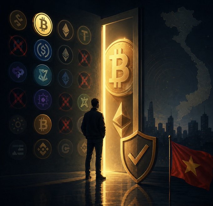 A digital illustration depicting a person standing before a glowing Bitcoin door, with a wall of crossed-out crypto tokens on the left and a Vietnam flag alongside a map of Vietnam on the right.