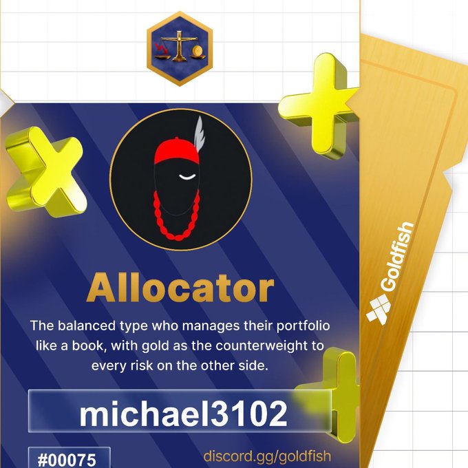 A digital collector card for the 'Goldfish' platform features a character called 'Allocator,' described as 'The balanced type who manages their portfolio like a book, with gold as the counterweight to every risk on the other side,' with the username 'michael3102' and card number '#00075'.