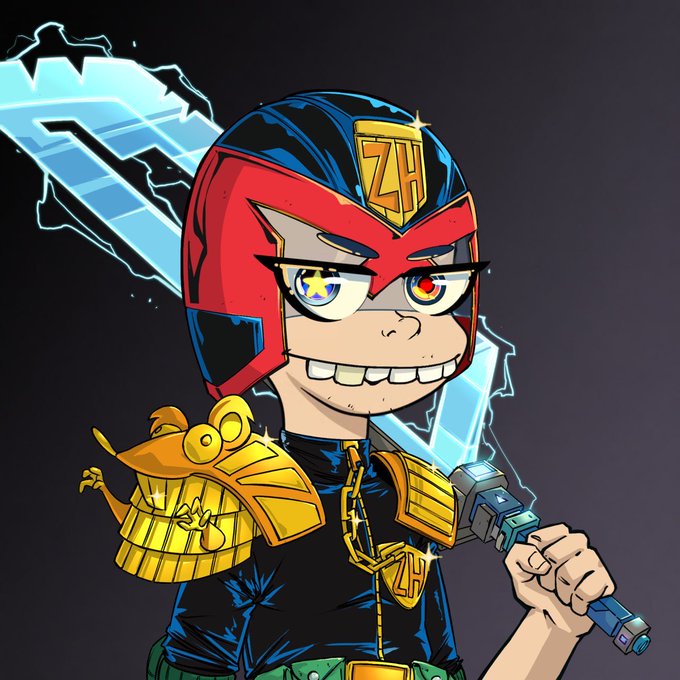 A stylized cartoon character wearing a red helmet with 'ZH' branding, a gold shoulder pad, and a gold chain holds a glowing blue sword.