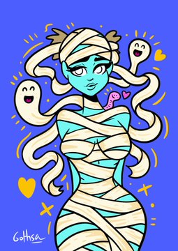A stylized illustration depicts a turquoise-skinned mummy character with white bandages wrapped around her body and head, accompanied by small smiling ghosts, a tiny pink worm, and yellow hearts and stars against a blue background, with "Caitse" signed in the bottom left—matching the "Mummy Vixen" Halloween costume piece being shared.