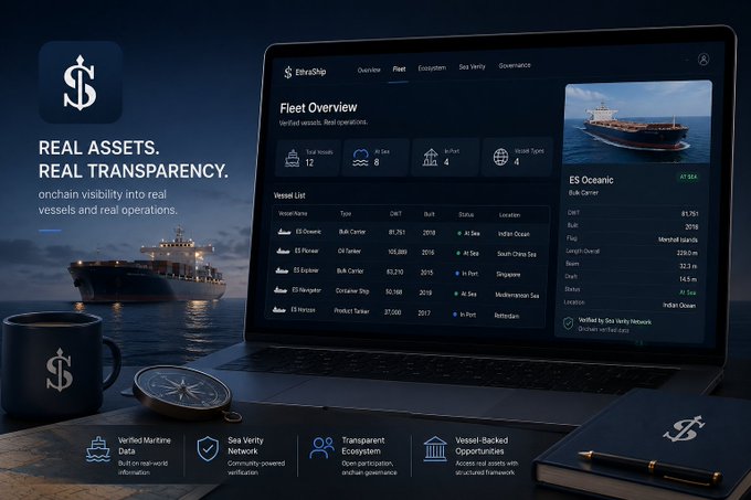A promotional image for "TetraShip" displaying a laptop showing a "Fleet Overview" dashboard with vessel data alongside the text "REAL ASSETS. REAL TRANSPARENCY."