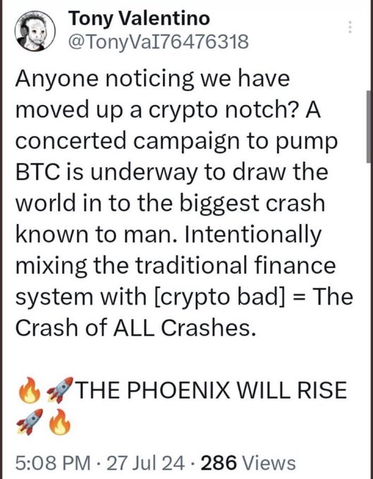 A tweet from Tony Valentino (@TonyVaI76476318) posted at 5:08 PM on July 27, 2024, claims a "concerted campaign to pump BTC is underway to draw the world into the biggest crash," warning of a "Crash of ALL Crashes" and ending with "🔥🚀 THE PHOENIX WILL RISE 🚀🔥." The post received 286 views and aligns with the accompanying content's warning about an orchestrated Bitcoin pump leading to a major crash.