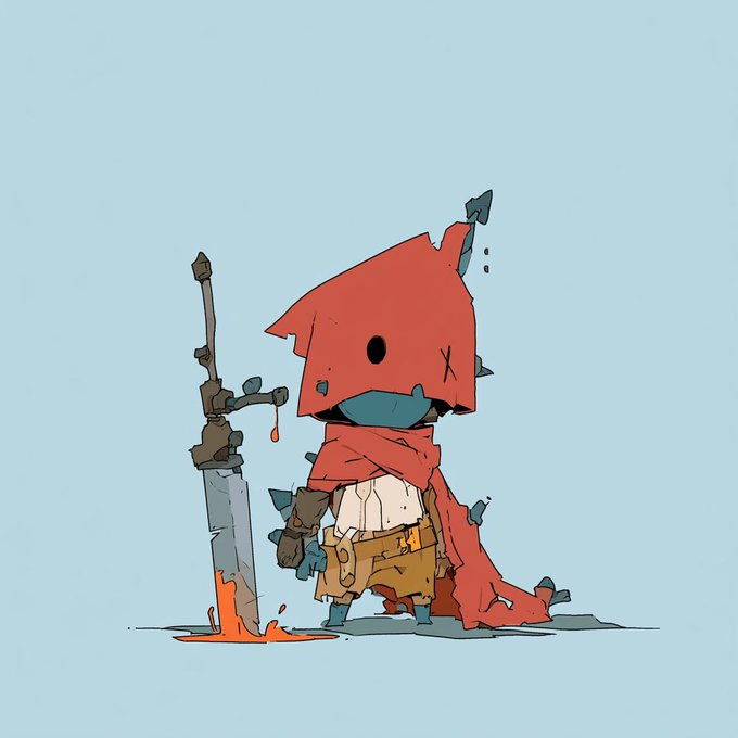 Illustration of a small cartoon character in a red hooded cloak holding a large sword, standing in a small puddle of orange liquid.