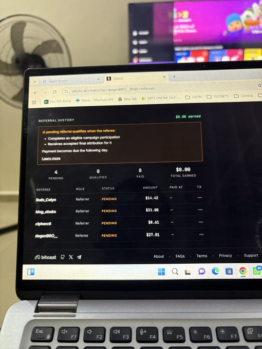 A laptop screen displays a "Referral History" page on Stacks with 4 pending referrals for referrer "degenBRO," showing potential amounts of $14.42, $31.00, $8.61, and $27.01, illustrating the "get paid to refer" opportunity highlighted in the post.